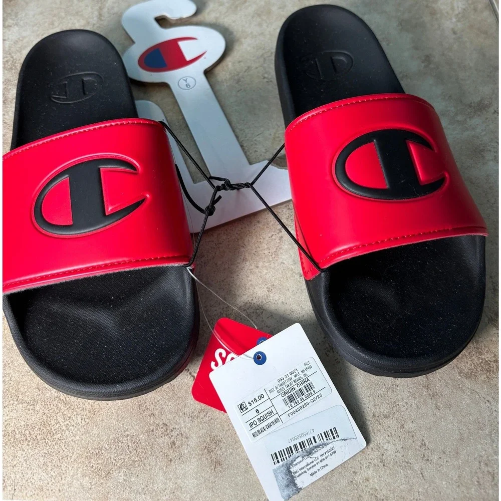 Champion IPO Slides Red Black Big C Logo Athletic Sandals Men Youth Size 6